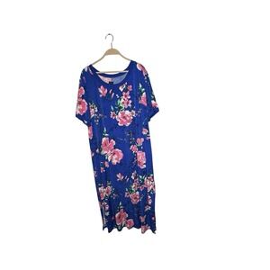 Gili Long Swing Stretch Knit‎ Dress Sz 3X Blue with Pink Floral Maxi Side Slits